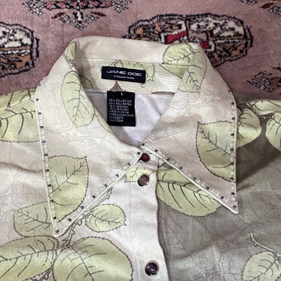 Suede-like leaf pattern Jane Doe brand Shirt with Pearl Snap buttons Size L - Picture 2 of 15